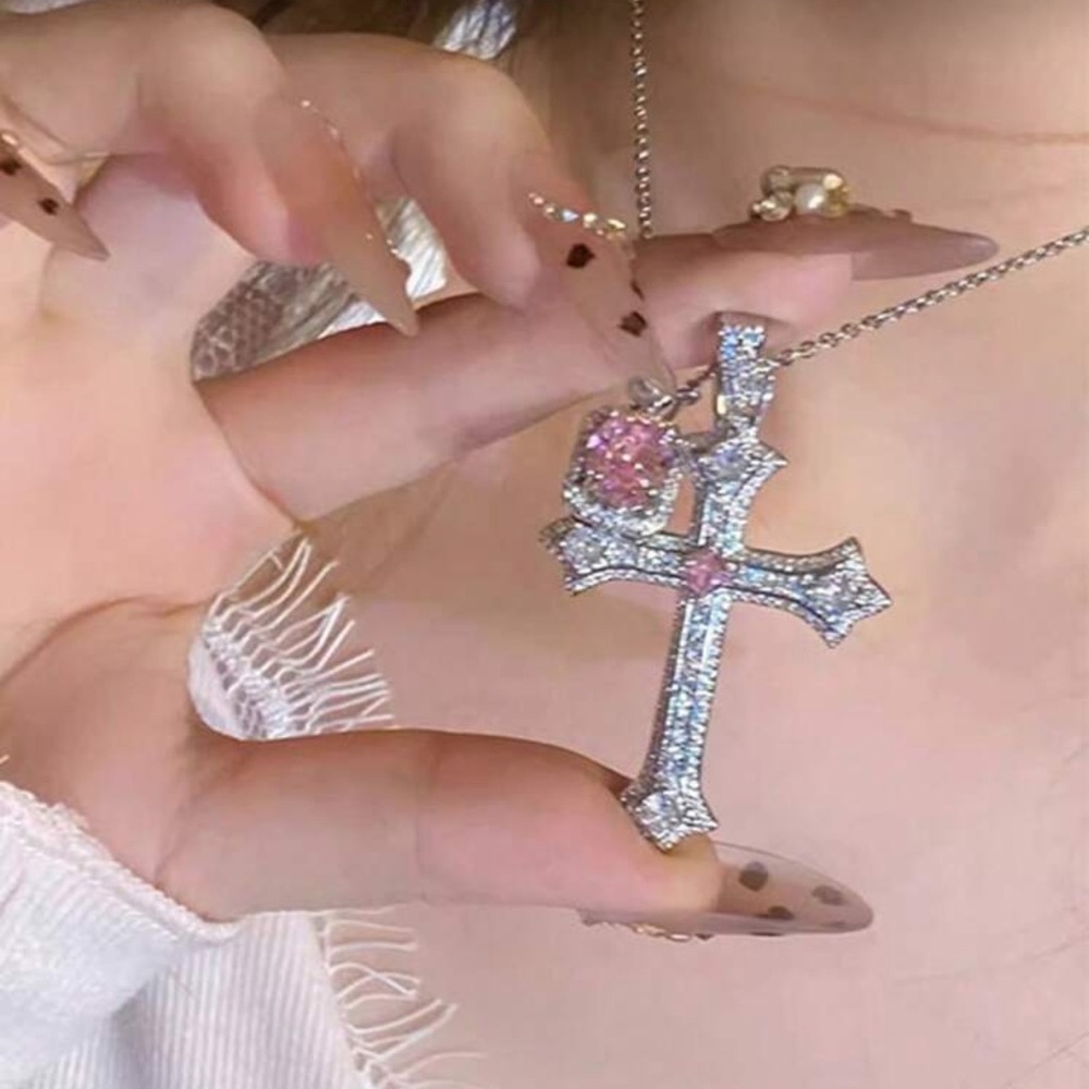 Cross Bedazzled Pink / Silver Rhinestone Necklace